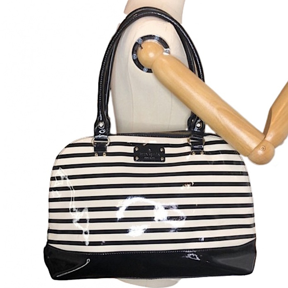 KATE SPADE Wellesley Rachelle Black White Stripe Patent Leather Ext Pocket Bag